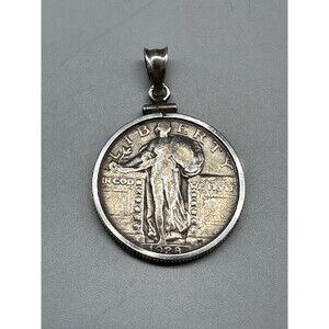 1928 Silver USA STANDING LIBERTY Quarter Pendant Sterling Frame
